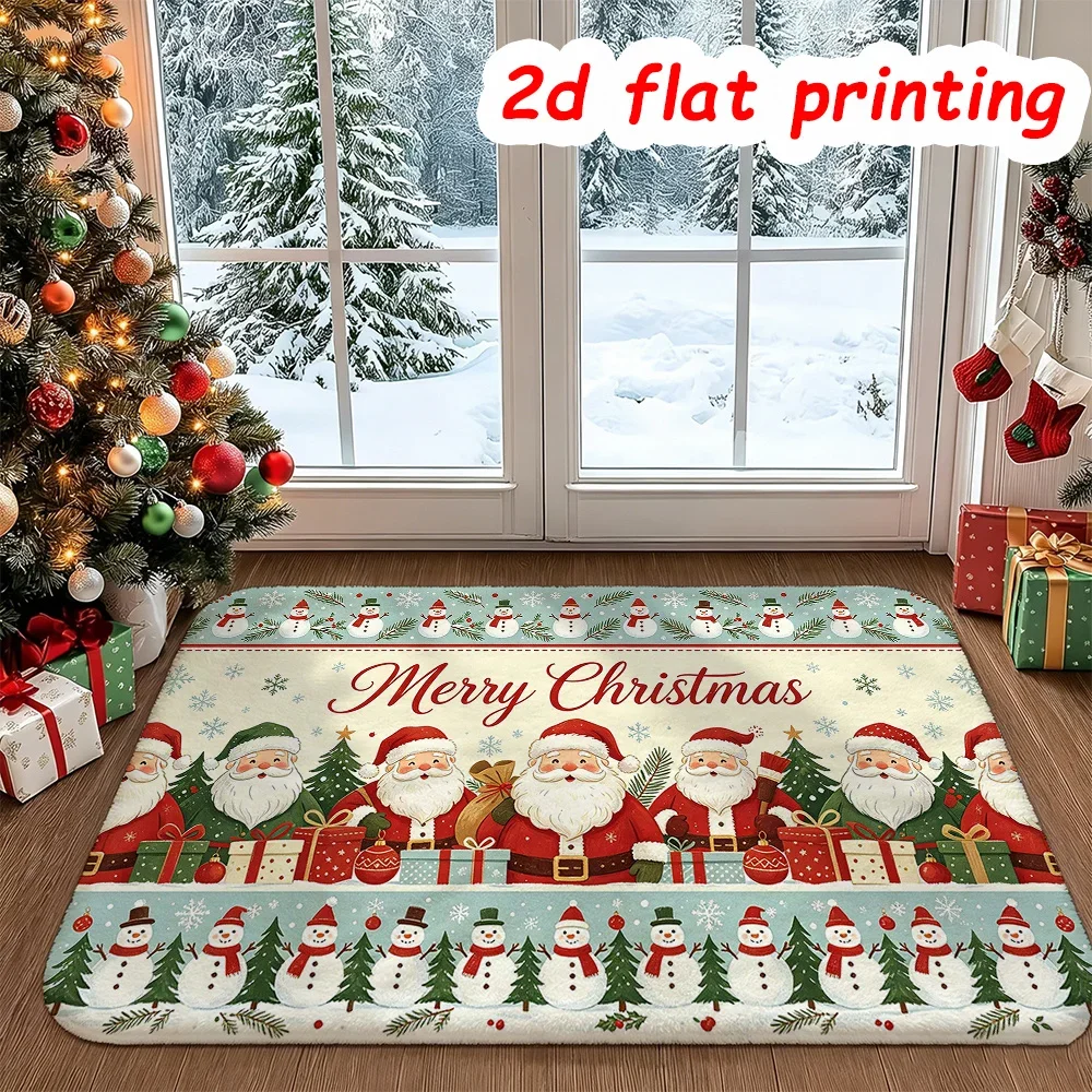 Classic Red Christmas Doormat Vintage Oil Painting Santa Claus Area Rug Golden Jingle Bell Floor Mat Holiday Welcome Rug