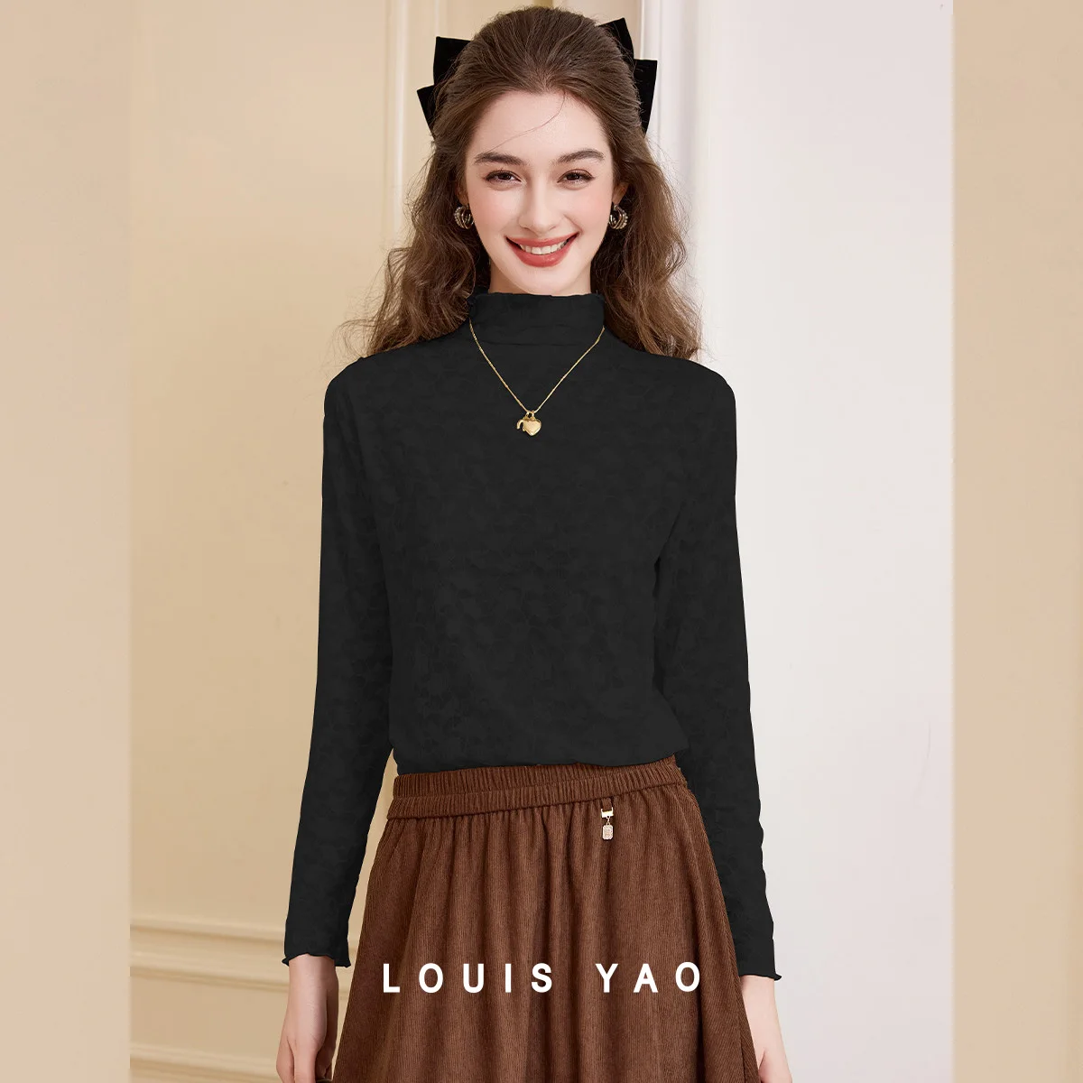 LOUISYAO Jacquard Half High Neck T-Shirt Women 2025 Autumn Winter Soft Long Sleeve Pullover Casual Base Layer Tops