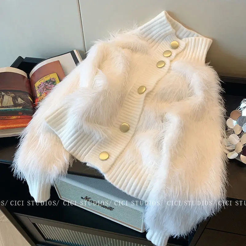 Korejpaa White Cardigan Women Turtleneck Faux Mink Fur Sweater Cardigans 2024 Autumn Korean Style Gentle Knitted Jacket Top