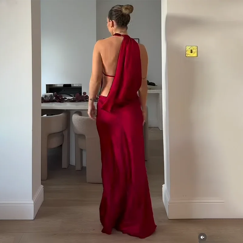 Typhaland Abito lungo con scollo all'americana in raso per donna Abito elegante sexy senza schienale Abito solido a vita alta Abiti da festa di compleanno