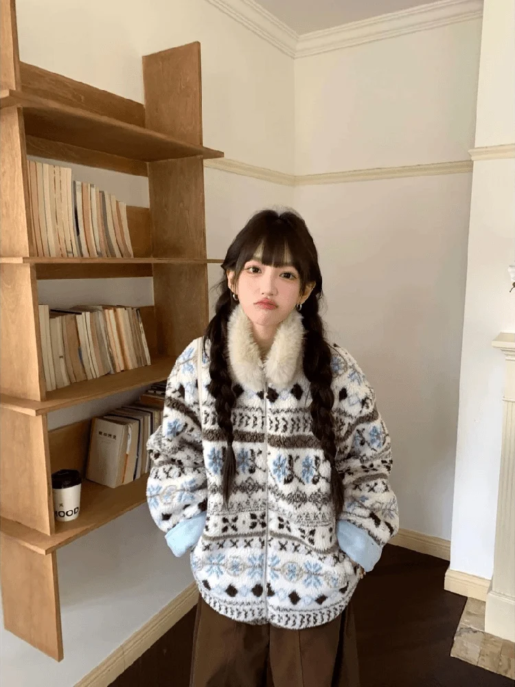 

2025 New Women's Fair Isle Thiened Coat with Fur Collar Autumn Winter Versatile Design Warm Sli Open Cardigan Outerwear