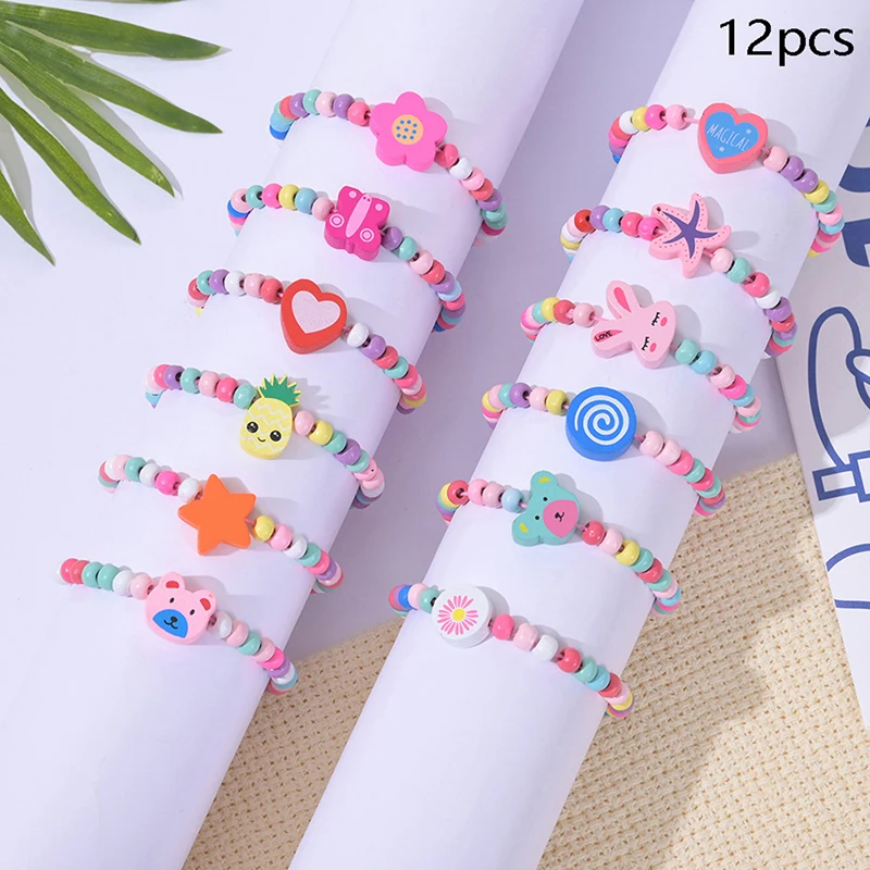 12Pcs/Pack Cartoon Children Wooden Beads Color Bracelet for Girl Birthday Party Favors Baby Shower Guest Gifts Pinata Fillers