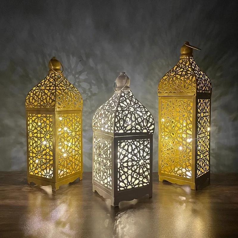 Metal Wind Lamp Moroccan Hollow LED Night Light Lantern Decoration for Eid Mubarak Ramadan Kareem Party Ornaments Wedding Gifts