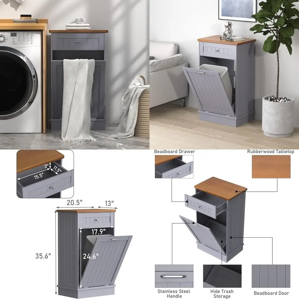 

Antique-Style Wooden Kitchen Island with Solid Wood Top and Built-in Trash Bin, Grey Single-Door Laundry Cabinet