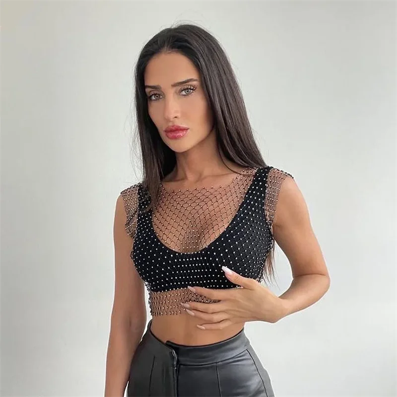 Y2K Tops & Tees: Sexy Mesh Crop Tops für Damen – Sommer 2026 Strass-Mode Party Durchsichtige Fishnet Hollow Out Tanktops – Detail 3