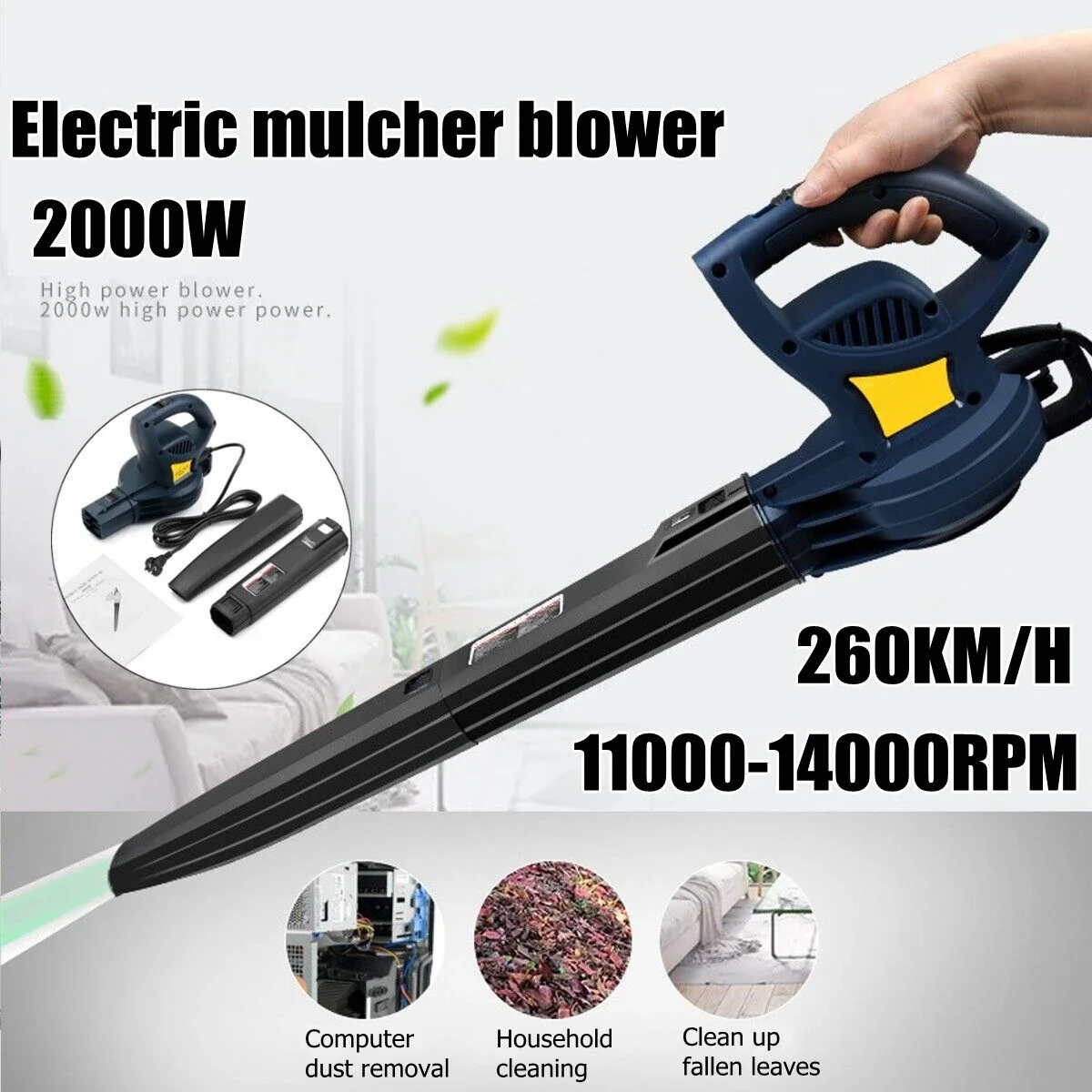 

220V 2000W Electric Leaf Blower Vacuum Leaf/Snow/Dust Collector 14000RPM 35L Debris Bag Grass Hedge Hoover Vac Garden Tool