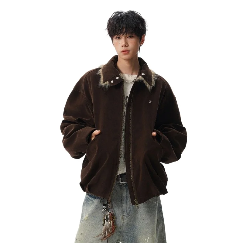 

2026 Super Good-looking Zipper Fashion High Street Brown Plush Fur Collar Jacket Men's Autumn and Winter New Design Jacket