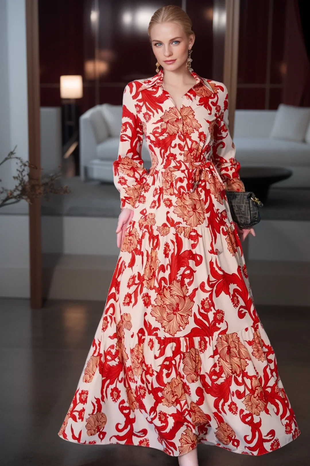 

SEQINYY Elegant Shirt Dress Midi Spring New Fashion Design Women Runway Vintage Red Flower Print High Street A-Line Belt