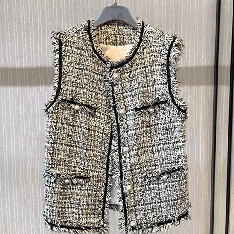 

Autumn All-match Elegant Women Tops Tweed Small Fragrance Vest Women's Sleeveless Vintage Plaid Tank Short Coat