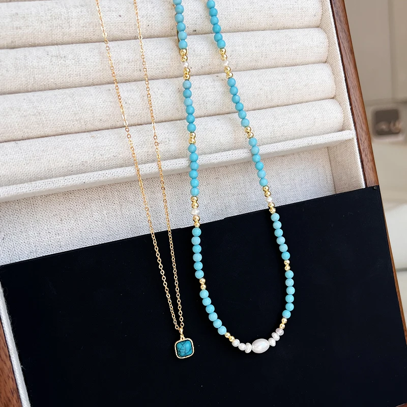 Elegante doppelschichtige geschichtete Nachahmung Türkis natürliche Perle Perlen Halskette trendigen Schmuck für Frauen Sexy Schlüsselbein Kette – Detail 12