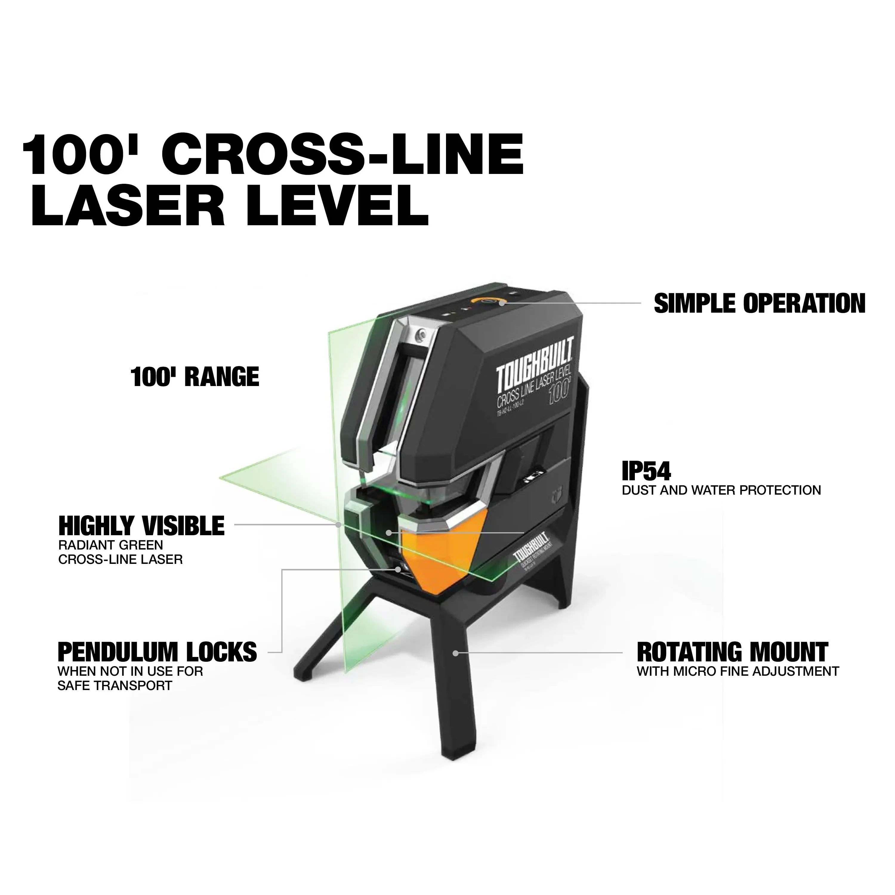 

TOUGHBUILT TB-H2-LL-100-L2 100-ft Green Beam Self Leveling Cross-Line Laser Level Power Tool Accessories Architecture