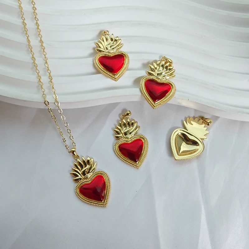 

5 pcs/lot Fashion Red Enamel Sacred Heart Pendant Necklace Jewelry Gold Plated Brass Religious Sacred Heart Necklaces