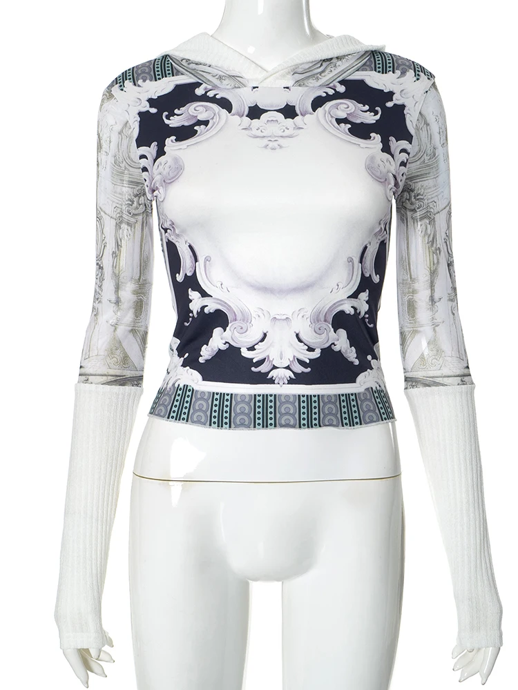 

Nibber Velvet Hooded Crop Tops Women Trend Y2K Print Patchwork Long Sleeve Spring Skinny Stretch Casual Fit Streetwear Pullover