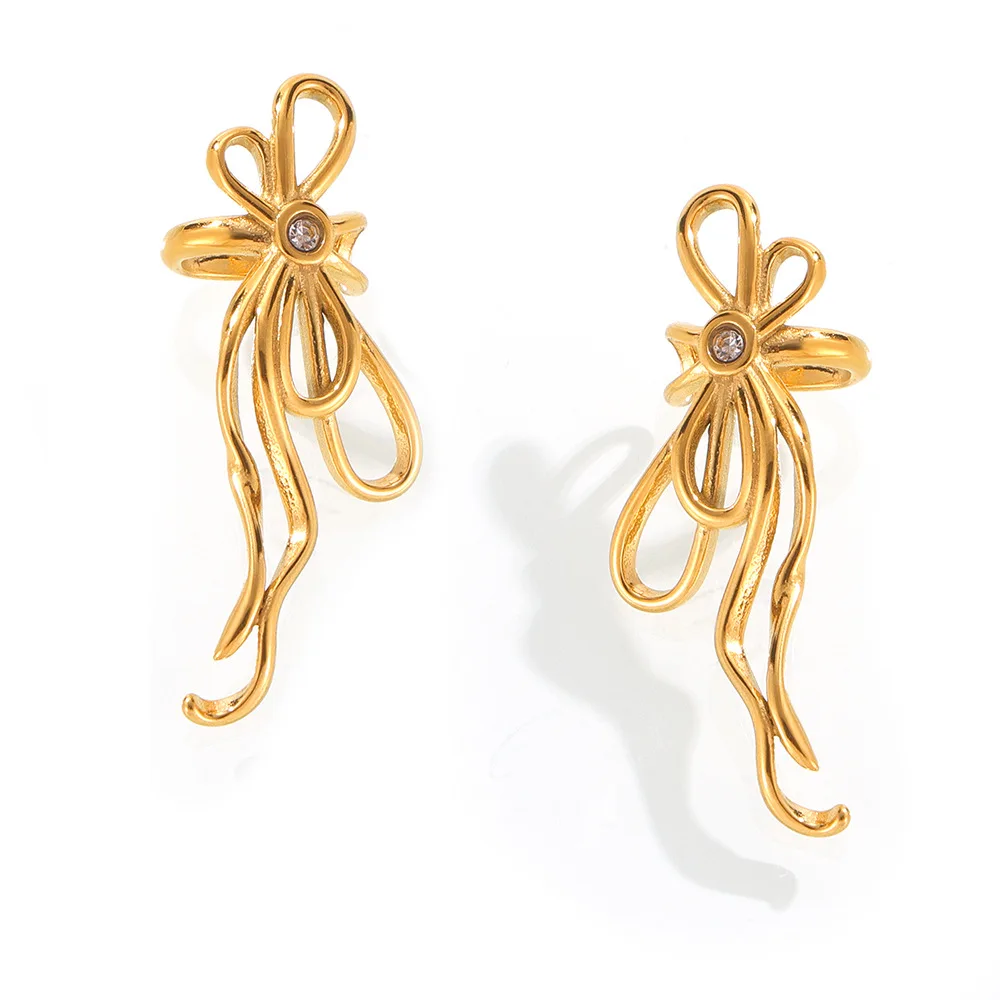 New line-shaped earrings gold plating luxury accessory with a zircon-encrusted bow