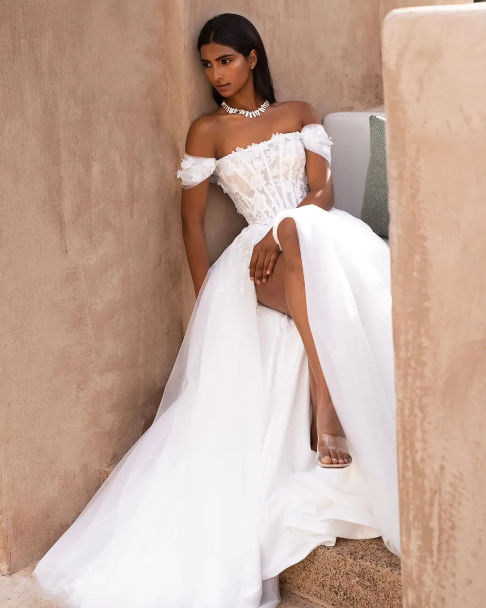 사용자 정의 오프 어깨 코르셋 웨딩 드레스 2025 Tulle 높은 슬릿 레이스 Appliques 우아한 Weddingg 가운 로맨틱 신부 드레스