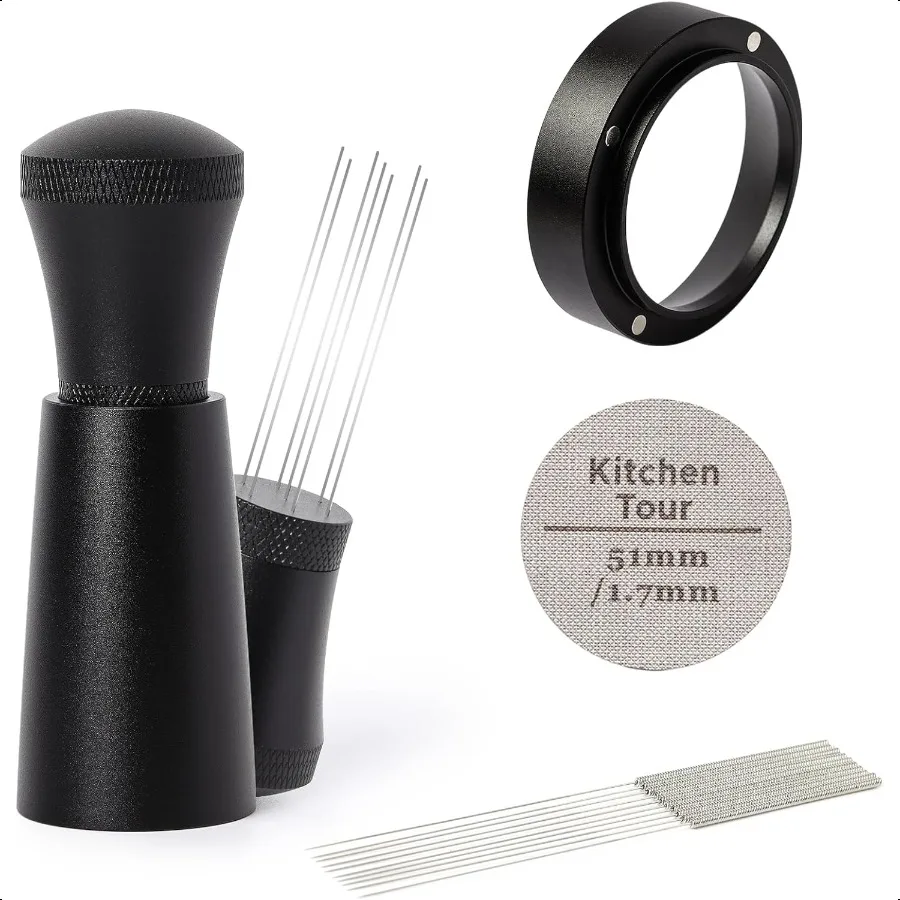 

KitchenTour Espro Acccessories Kit 51 мм WDT Инструмент Дозирующая воронка и шайба Набор экранов Игла из нержавеющей стали 304 Перемешивание распределения кофе