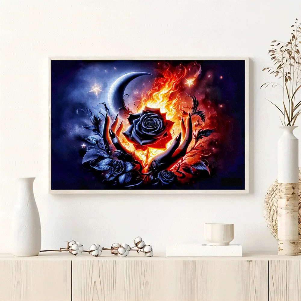 Dark Rose with Flames & Moon Scene Jigsaw Puzzle Adult Gothic Fantasy Theme Intellectual Game Home Leisure Decorative Puzzle Toy