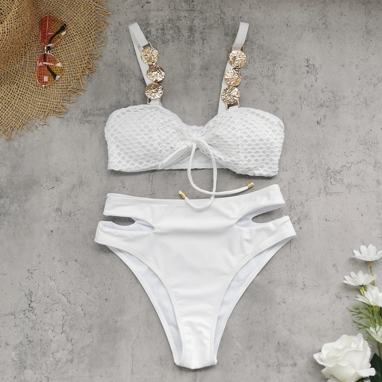 2025, neuer modischer, reinweißer Bikini mit Netz-Halbrock, dreiteiliges Set, Sommer, sexy, geteilter Damen-Badeanzug, Strand-Badeanzug