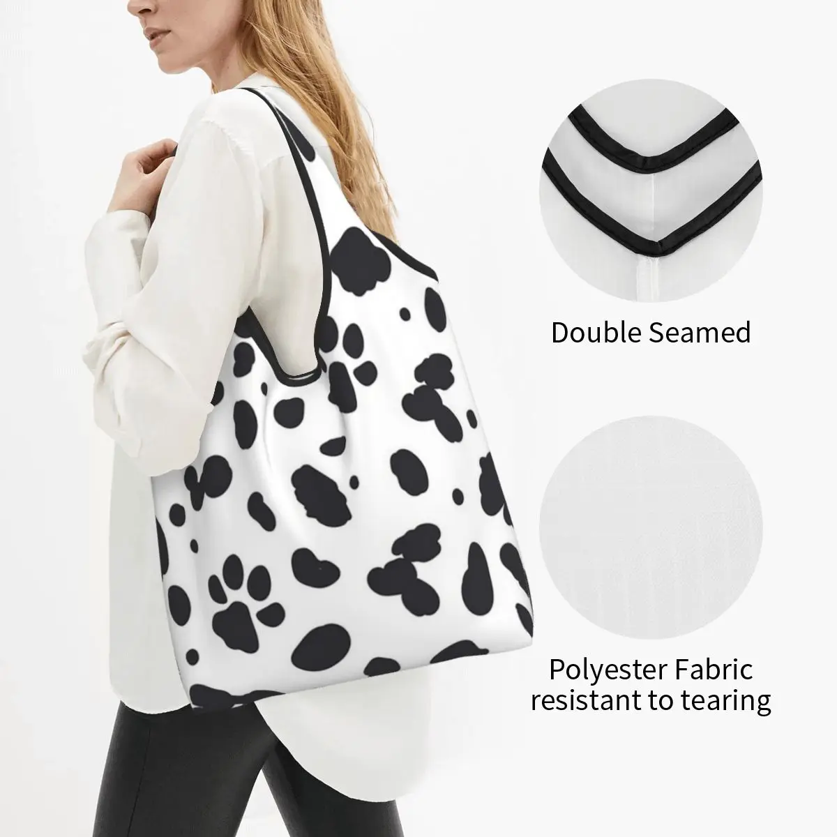 Dalmatian Spots Paws Print Dalmatian Dog Print Portable Tote Shopping Bags Foldable Shopper Bag Grocery Handbag Shoulder Bag