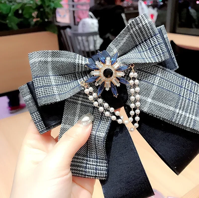 Korean Fashion Pink Plaid Bow Tie for Women Accessories Gift Multi-layer Bowknot Ladies Fabric Pearl Rhinestone Pins Brooches