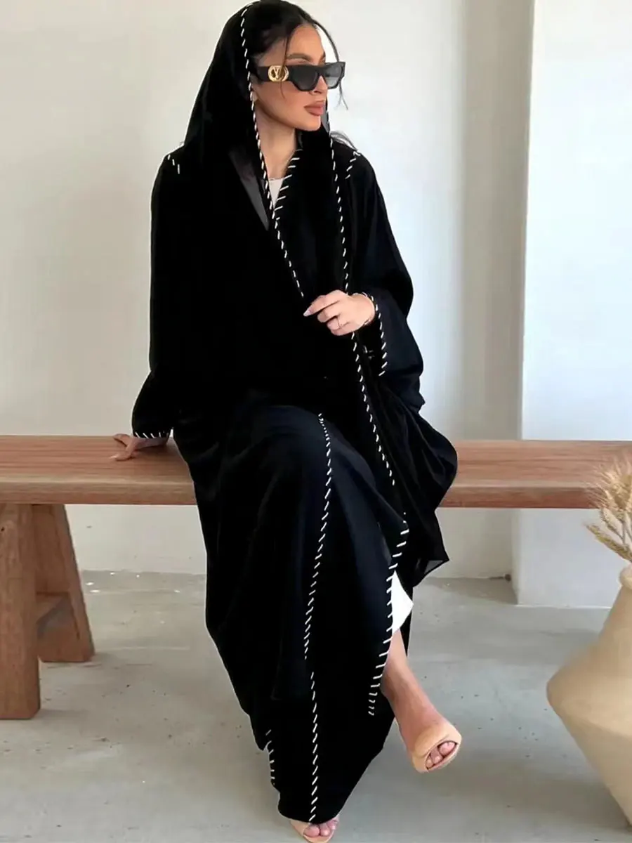 Dubai Turkish Elegant Cardigan With Hijab Two Piece Set Cardigan Solid Batwing Sleeve Open Abaya Elegant Casual Loose Kaftan