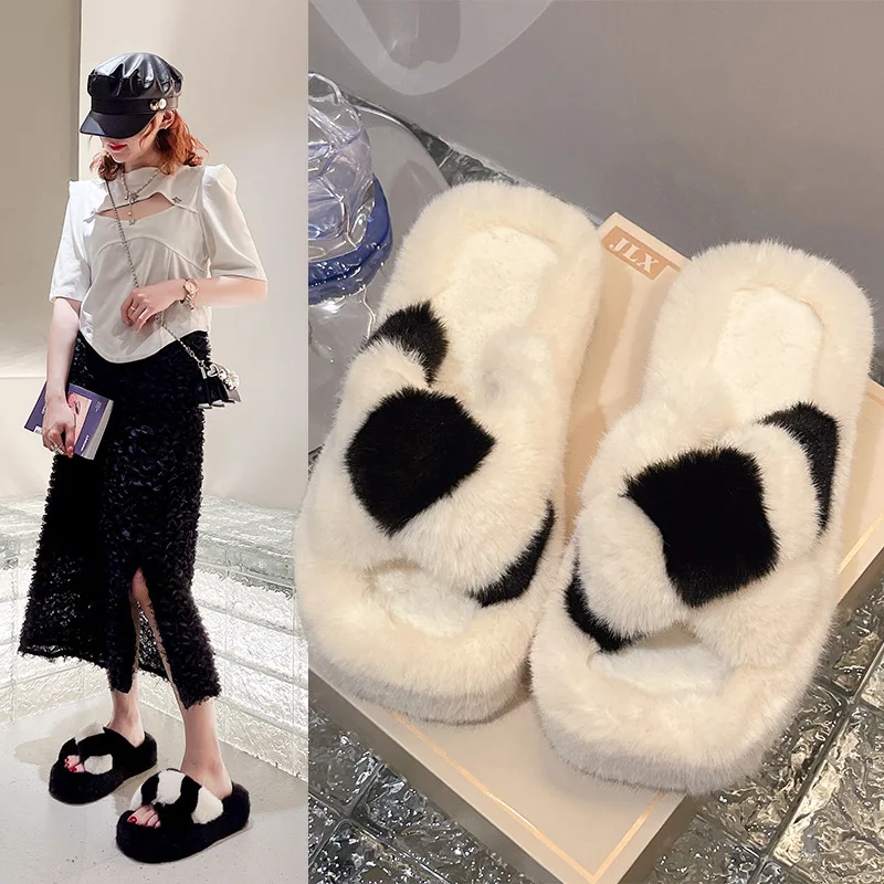 2023 New summer andAutumn fashion cross fluffy slippers women's indoor and outdoor one word flat cotton slippers ATD204