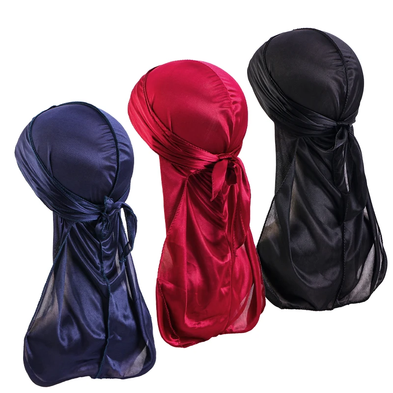 3PCS/LOT Unisex Silky Durag Turban Hat Wigs Biker Headwear Headband Hair Accessories Long Tail Straps Bandanas Silky Durags