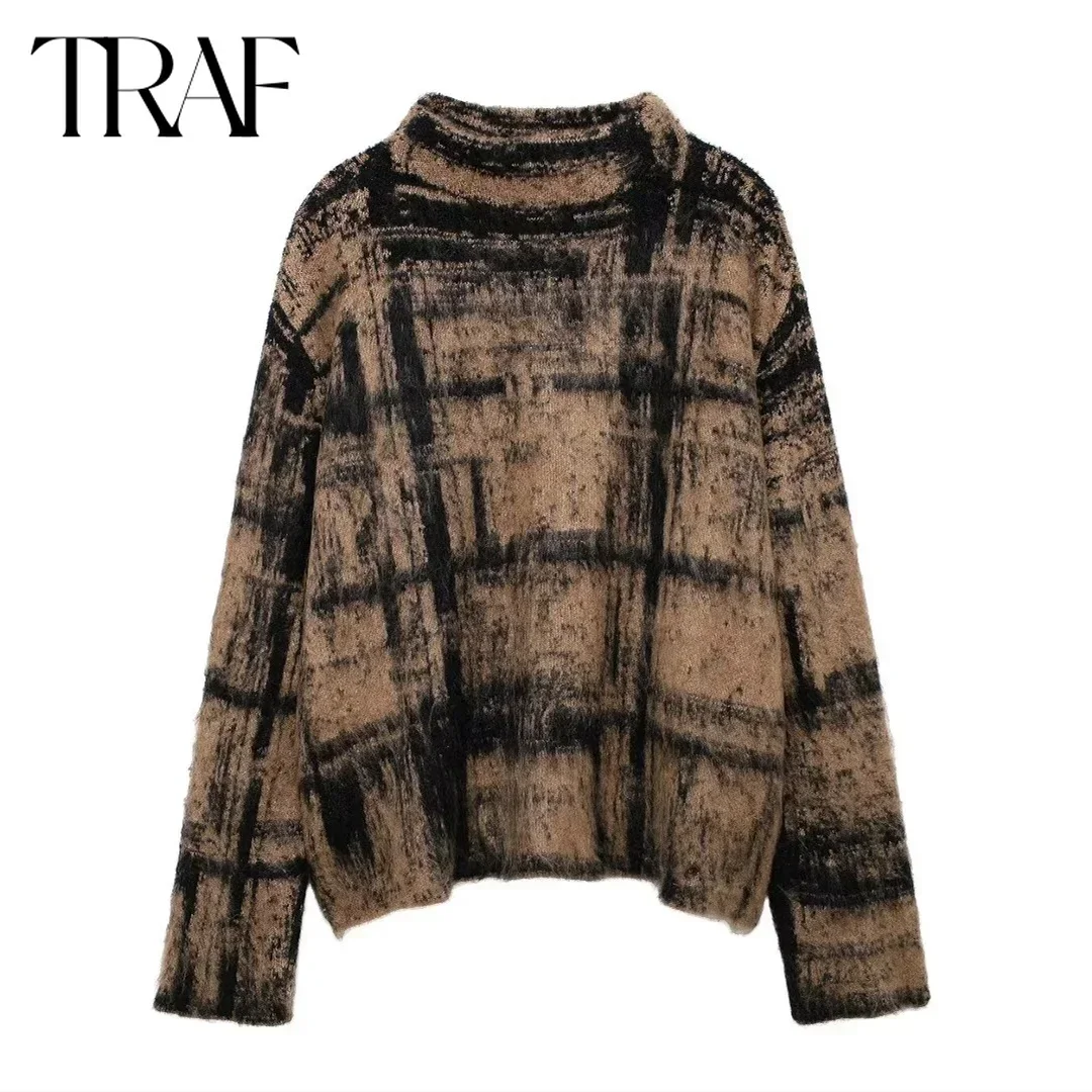 TRAF Knitted Jacquard Two Pieces Set for Women Fashion Autumn Winter  New Plaid Long Sleeved Sweater Female High Waist Skirt