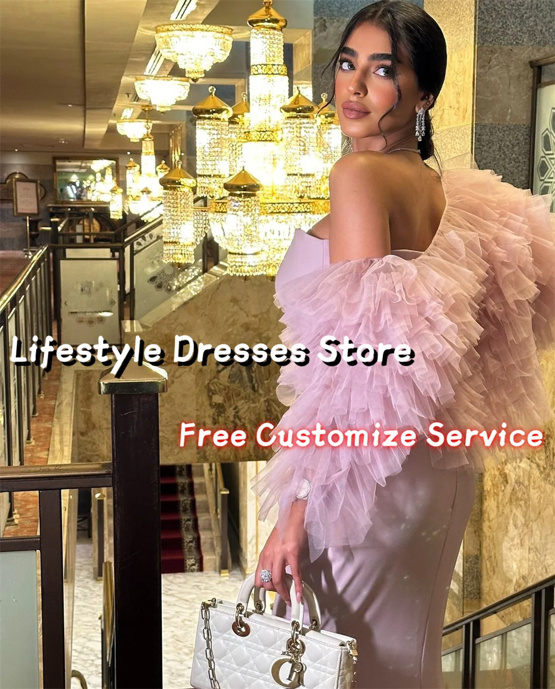 Customized Crepe Pink Formal Evening Dress for Arabic Women Tulle Tiered Jacket Wedding Party Gown Formal Dress