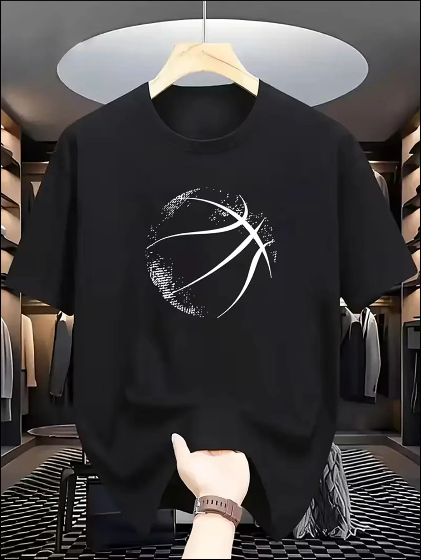 Men's Basketball Graphic T-Shirt - Black Athletic Tee for Sports & Casual Attire - Breathable Round Neck Casual Shirt - Machine Washable Summer Top, Basketball Shirt, Leisure Apparel, Nontransparent Fabric