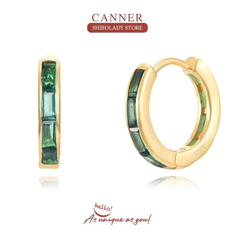 CANNER Green Black Zircon Earrings Silver 925 Earring For Women Hoop Earrings Colorful Huggie Wedding Party Natural Fine Jewelry