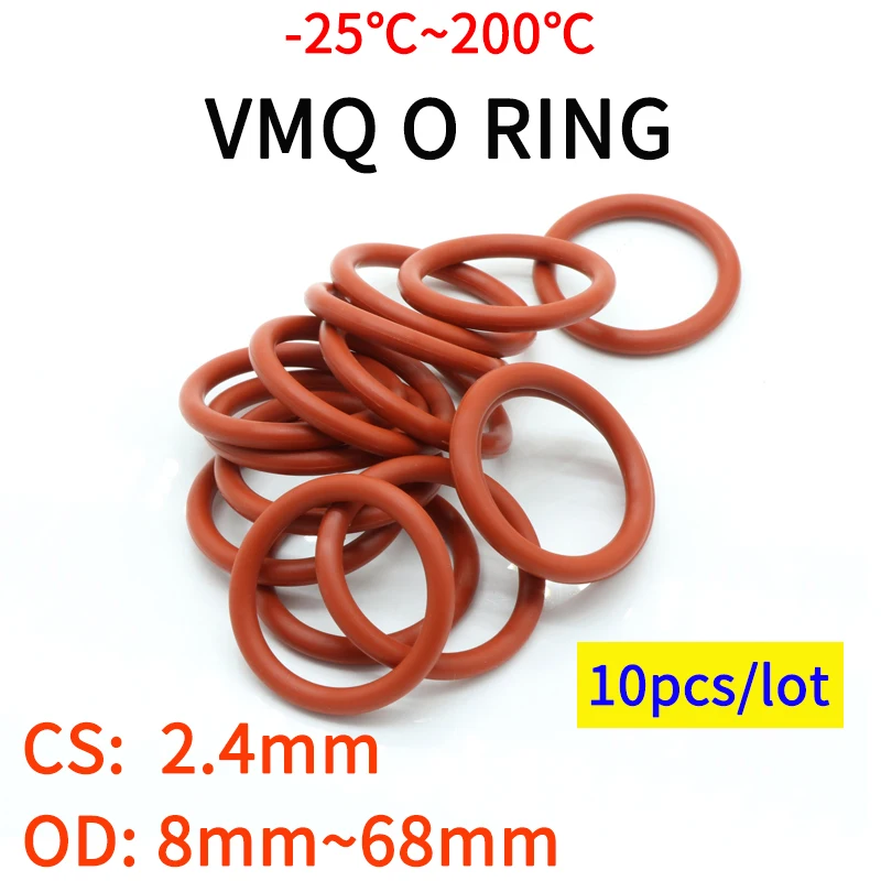 

10pcs VMQ O Ring Seal Gasket Thickness CS 2.4mm OD 8 ~ 68mm Silicone Rubber Insulated Waterproof Washer Round Shape Nontoxi Red