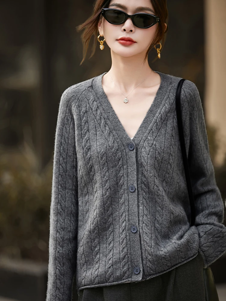 

New Women's 100% Pure Wool Cardigan Sweater V-neck Twist Flower Spring Autumn Loose Soild Cashmere Knit Jacket High-end Outwear