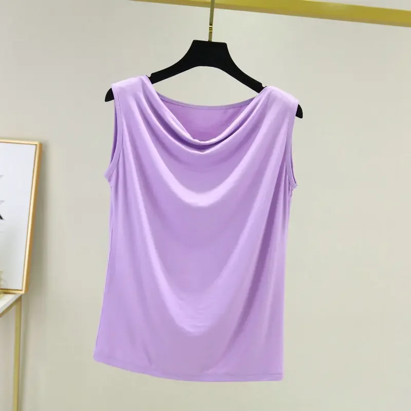 Modal Slash Neck Tank Tops Summer Women's Tee Tops Sleeveless Solid Color Ultra Thin Loose Bottoming Top All Match