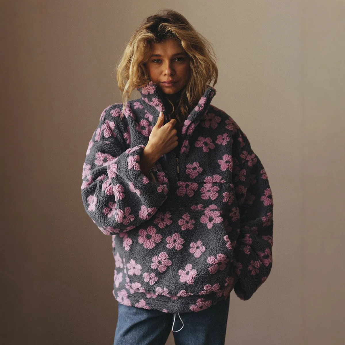 Women's 2027New Polar Fleece Flower Blossoms Sweater Cotton Sweater Loose Warm Fur Stand Up Collar Zipper Top Stylish Sweatshirt