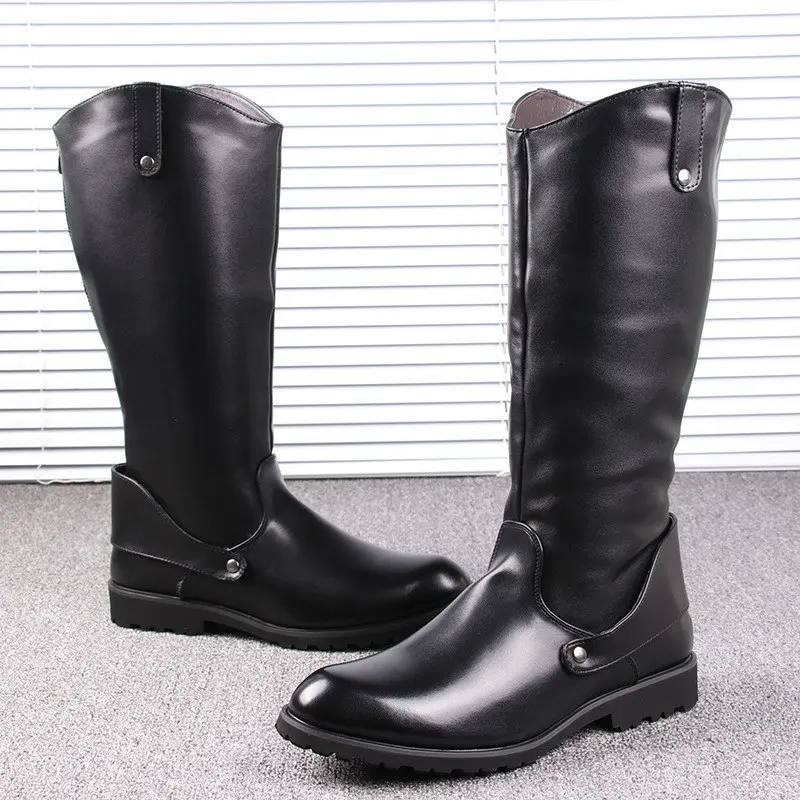 Fashion New Mens Long Knee Boots Black Round Toe PU Leather Cowboy Motorycycle Riding Soldiers Shoes Leisure Zapatos 38-44