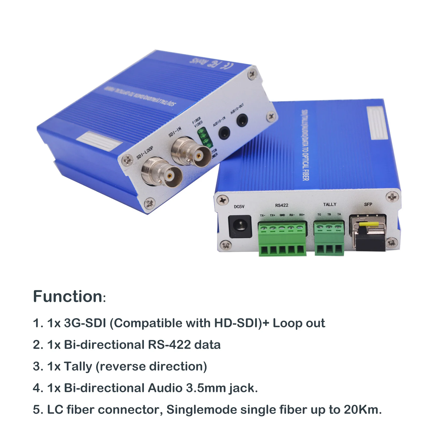 Calidad de transmisión 3G-SDI sobre extensores de convertidores de fibra óptica, RS422/3,5mm Audio / Tally, HD SDI a fibra SM 20Km, un juego