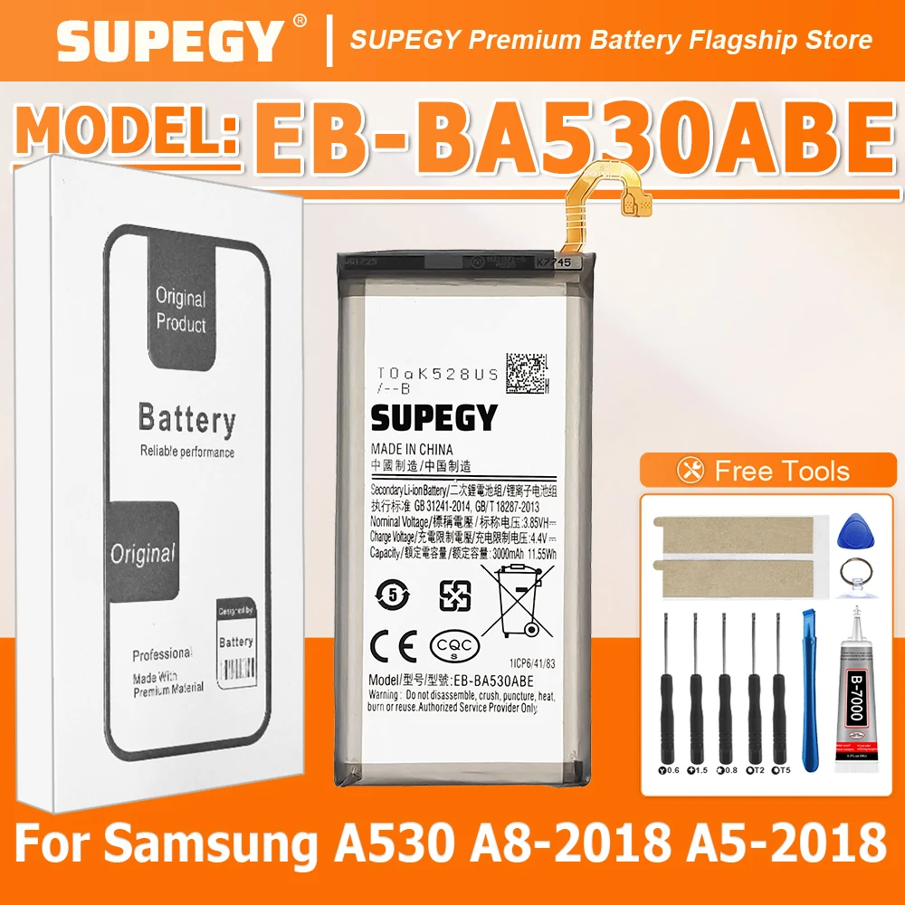 

Аккумулятор SUPEGY EB-BA530ABE высокого качества, 100% новый, для Samsung A530, A8-2018, A5-2018 / Feel2 + инструменты (2026 год)