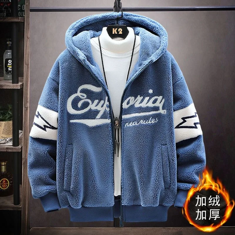 2024 Autumn/Winter New Fashion Printed and Fleece Thick Warm Hooded Coat Men\'s Casual Loose Large Size High Quality Coat M-3XL