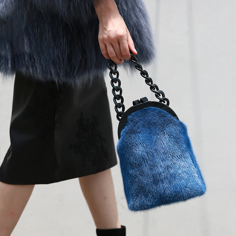 

New imported full leather mink fur bag clip handbag luxury dinner bag women's mink fur single shoulder messenger bag