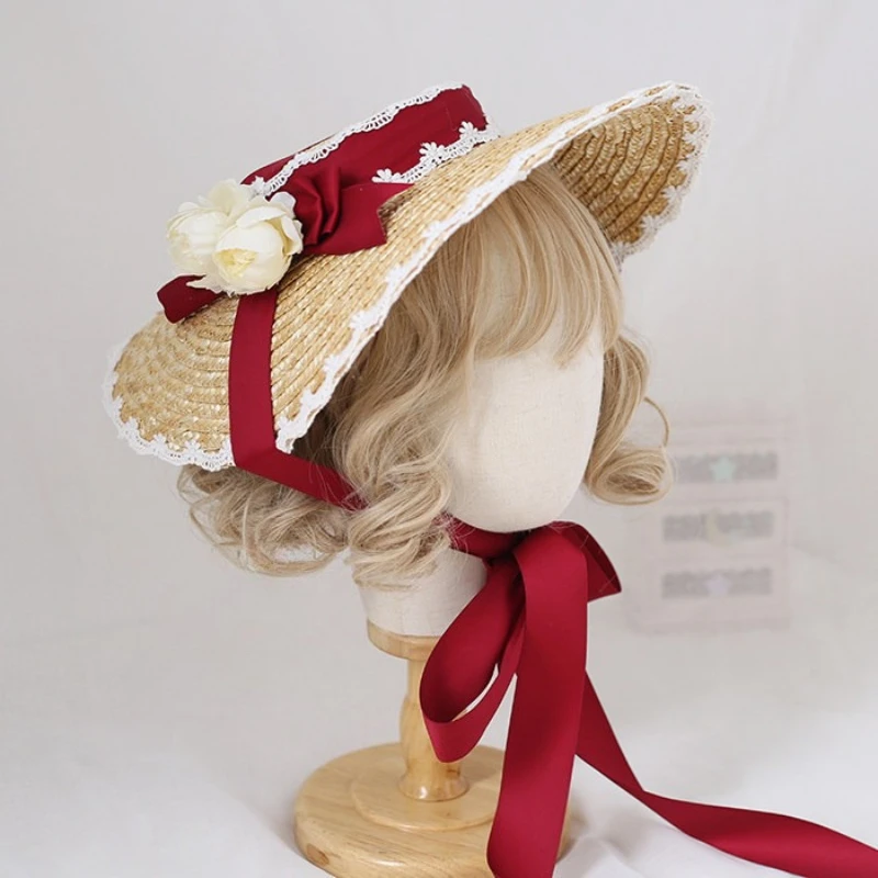 Nuevo sombrero de paja con lazo de encaje y copa plana, estilo pastoral de fusión sino-occidental, sombrero plano decorativo hecho a mano para mujer, ideal para actividades al aire libre.