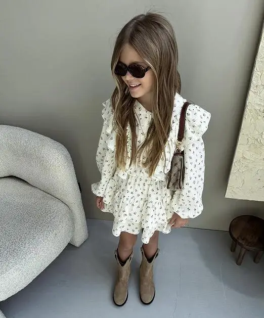 Childrens Sets Girl Autumn Broken Flowers Flower Edge Shirt Cake Skirt Children Two Piece 2024 Fashion Printing Sweet