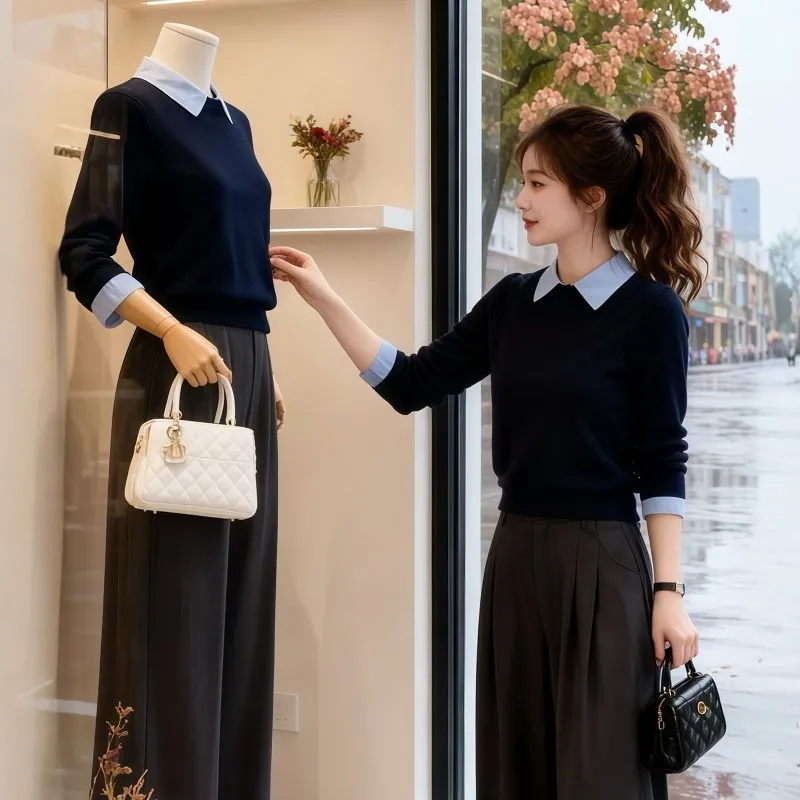 

Design Sensation Color Blo Ne Long Sve Knitted Sweater Women's Autumn Winter New Sle Versatile Top Polyester Fiber