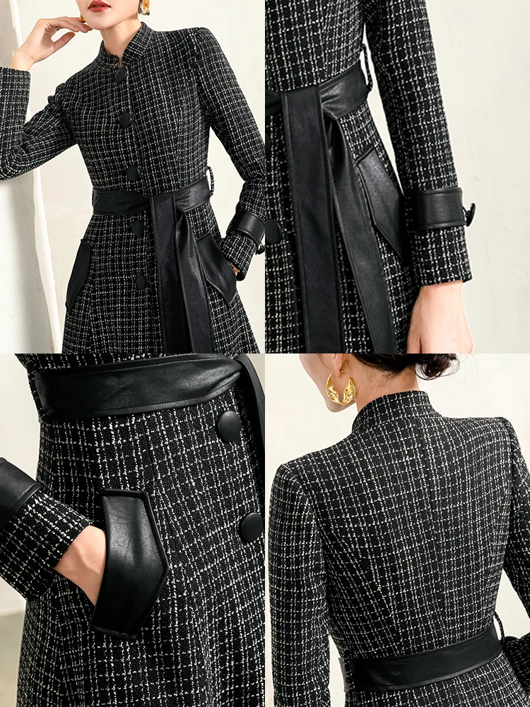 Pop Women Black Houndstooth Woolen Coat Spring Autumn Fashion Hepburn Style Stand Collar Slim Long Plaid Wool Blends Overcoat