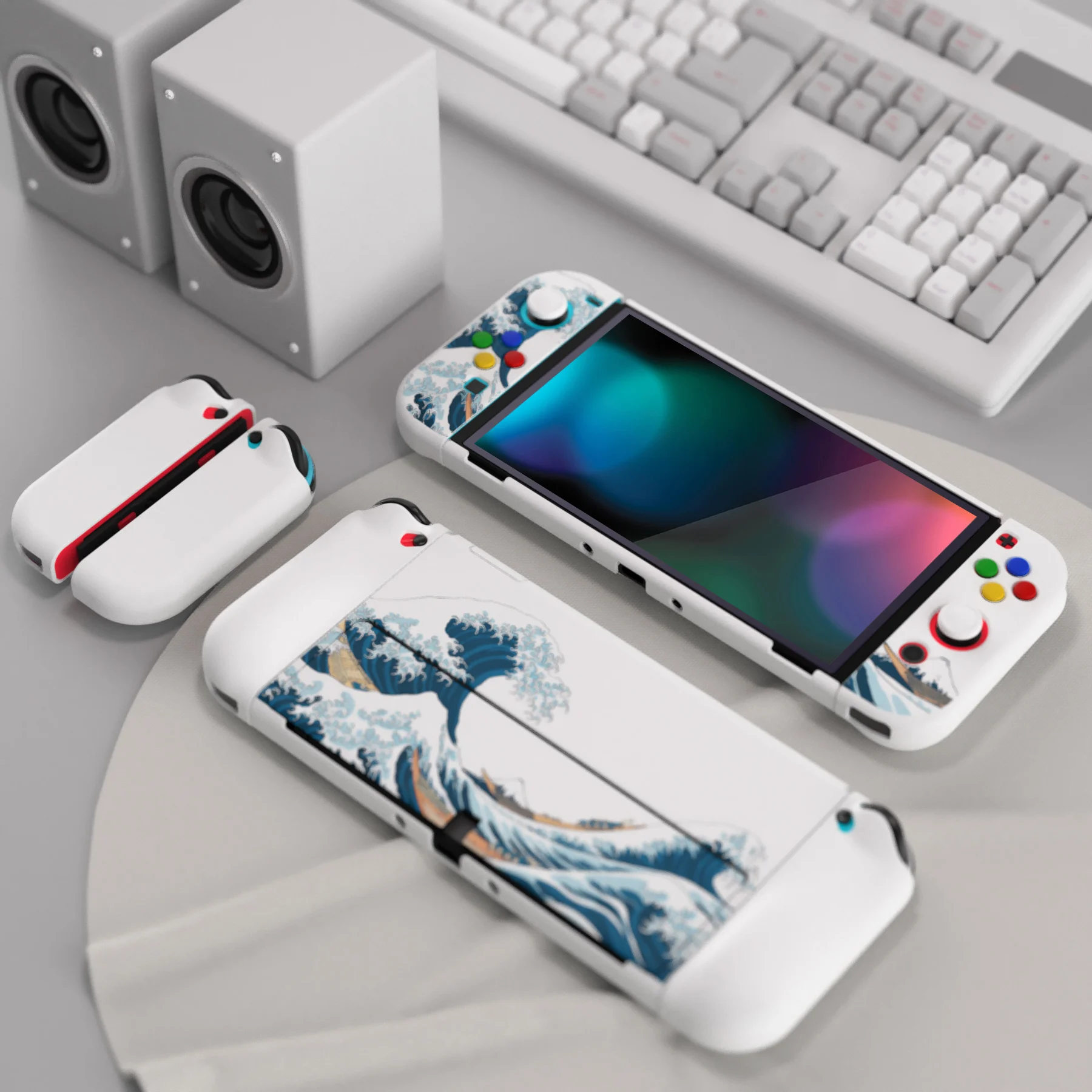 PlayVital AlterGrips Split Design Ergonomic Protective Case for Switch OLED Shell W/Thumb Grips - The Great Wave off Kanagawa
