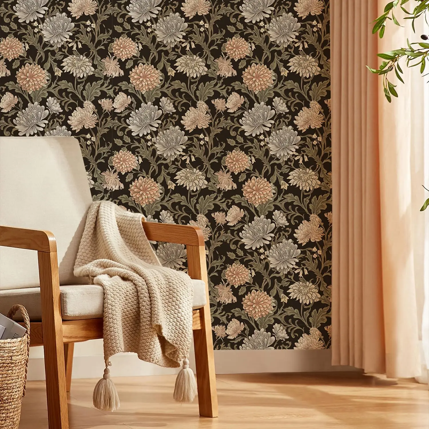 Boho Floral Peel and Stick Wallpaper Peony Flower Self Adhesive Wall Paper for Bedroom Removable Contact Paper for Cabinets