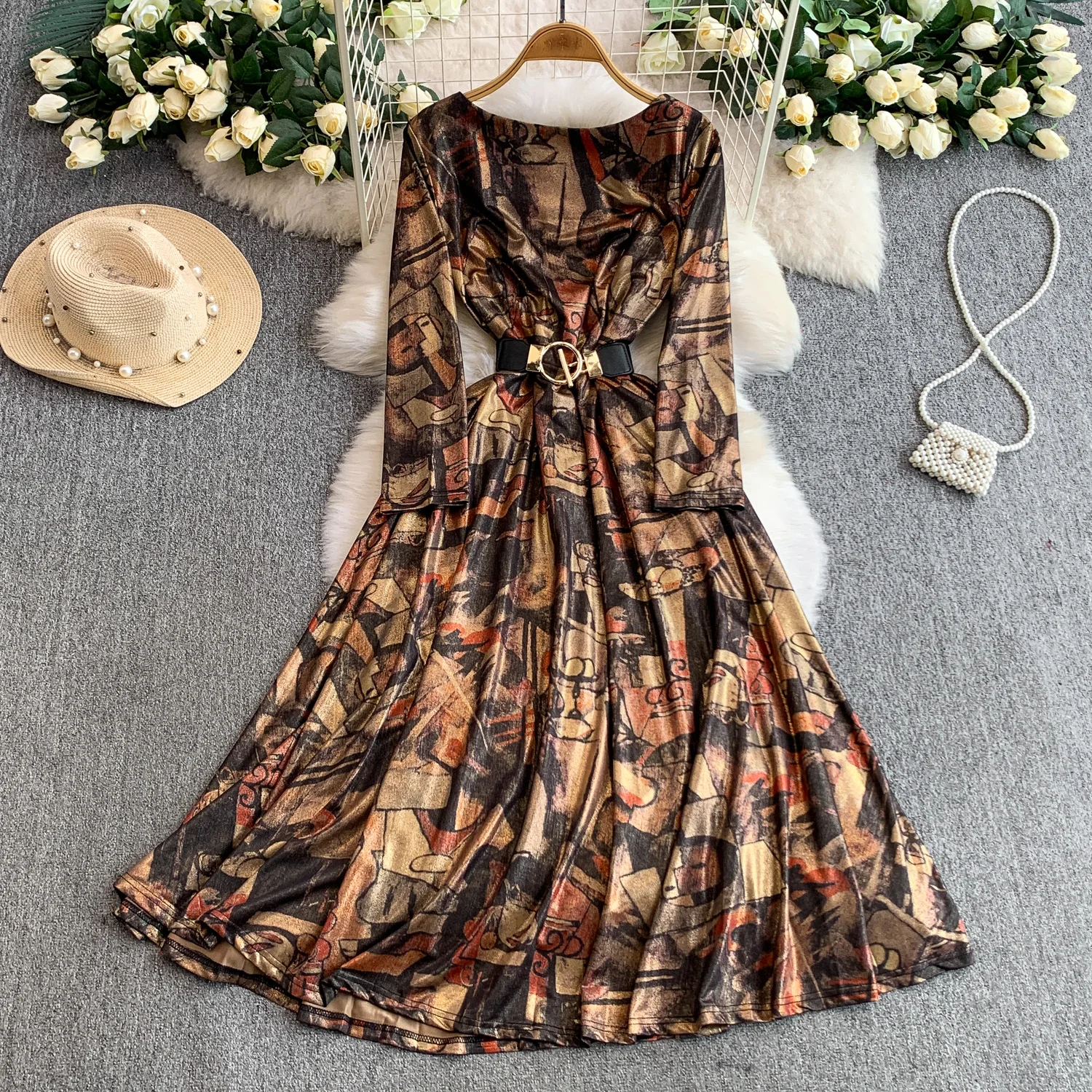 Abito slim con stampa in chiffon a maniche lunghe vintage chic Elegante fata moda coreana Boho Sundress abbigliamento donna