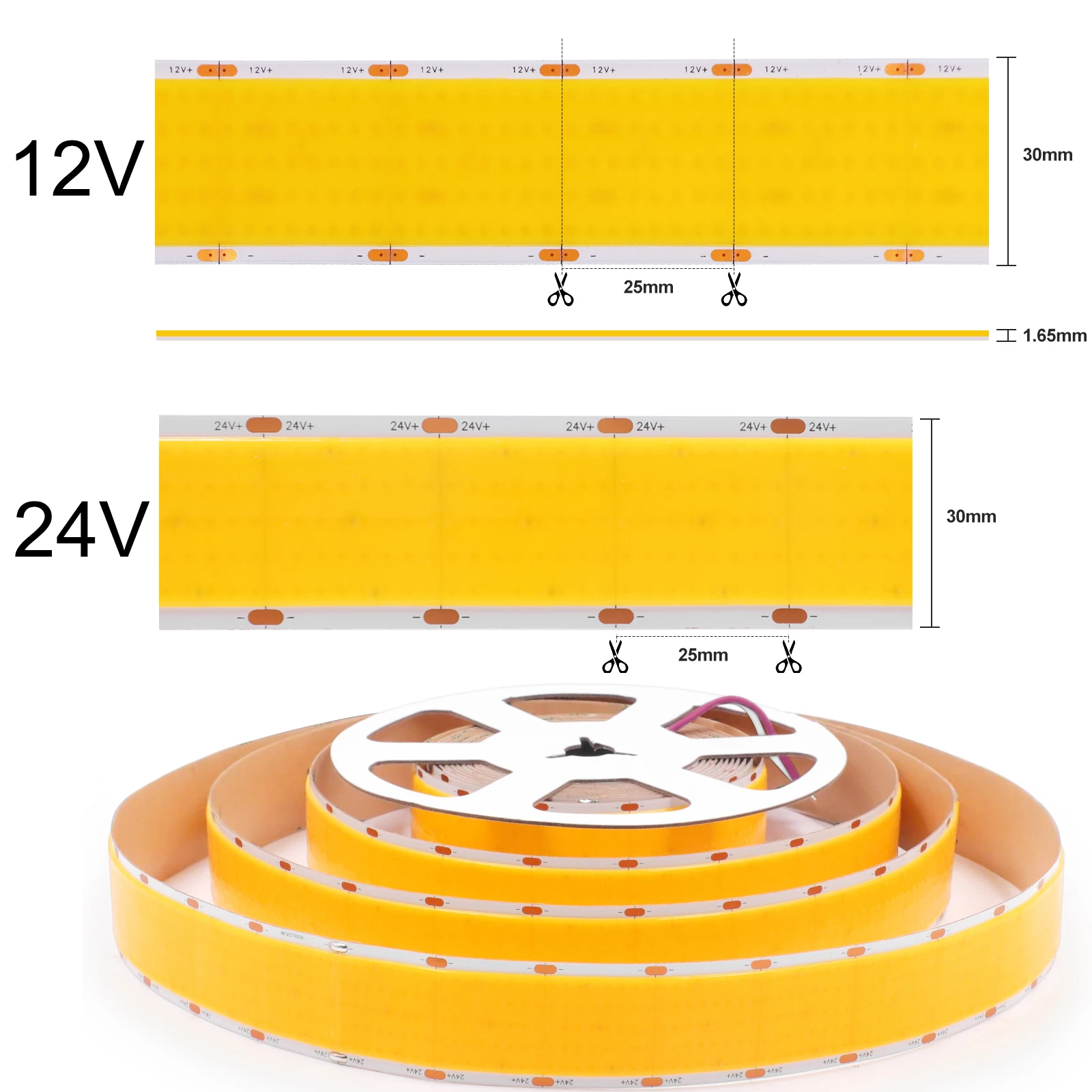 超高輝度COB LEDストリップライト 12V 24V 1600LEDs/M フレキシブルテープリボン 幅30mm ホームランプストリップ 室内/寝室/キッチン用