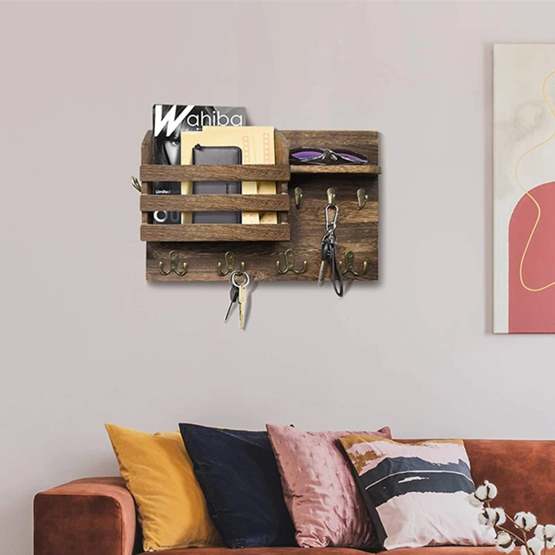 34*22*10cm Mail Holder for Wall Mail Organizer w/ Key Hooks Hallway Farmhouse Decor Letter Sorter Natural Wood w/ Floating Shelf