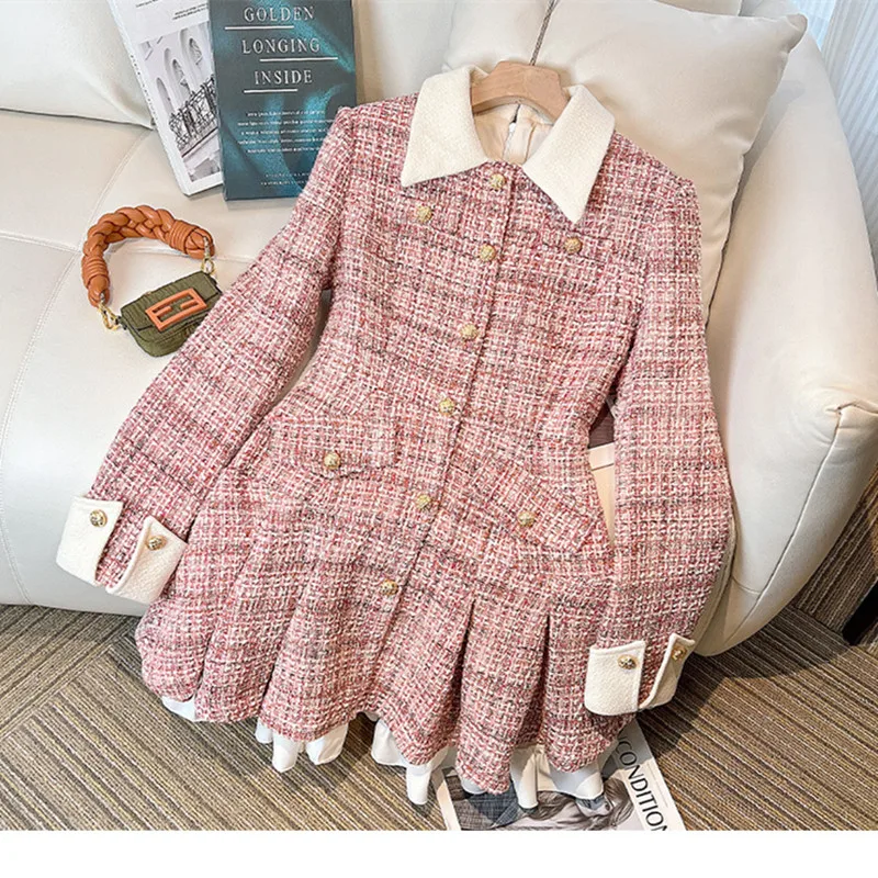 New Arrival Pink Tweed Short Blazer Dress Women Autumn Winter Single-breasted Collision color Splicing Pleated Mini Dress